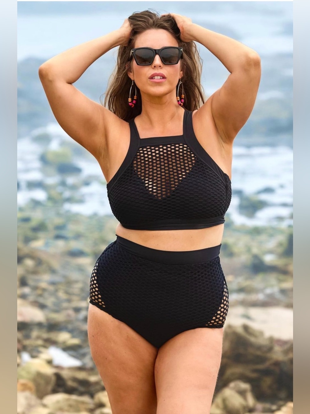 Becca ETC Black Textured Mesh Bikini Top NWT $88 Removable Cups